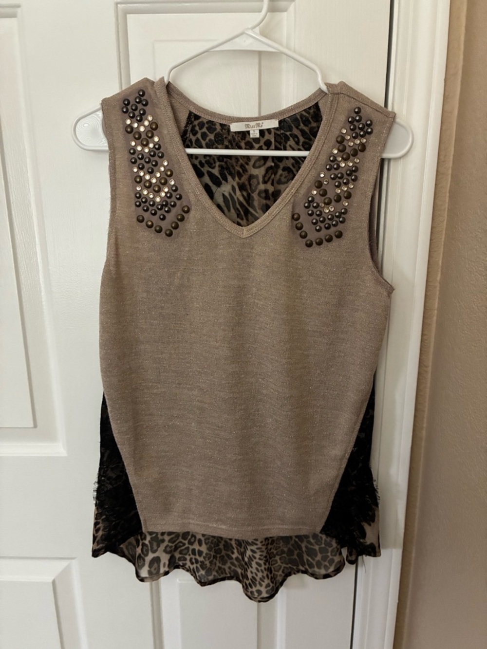 Miss Me Taupe Sleeveless Knit Tank with Studded Shoulders and Leopard Hem